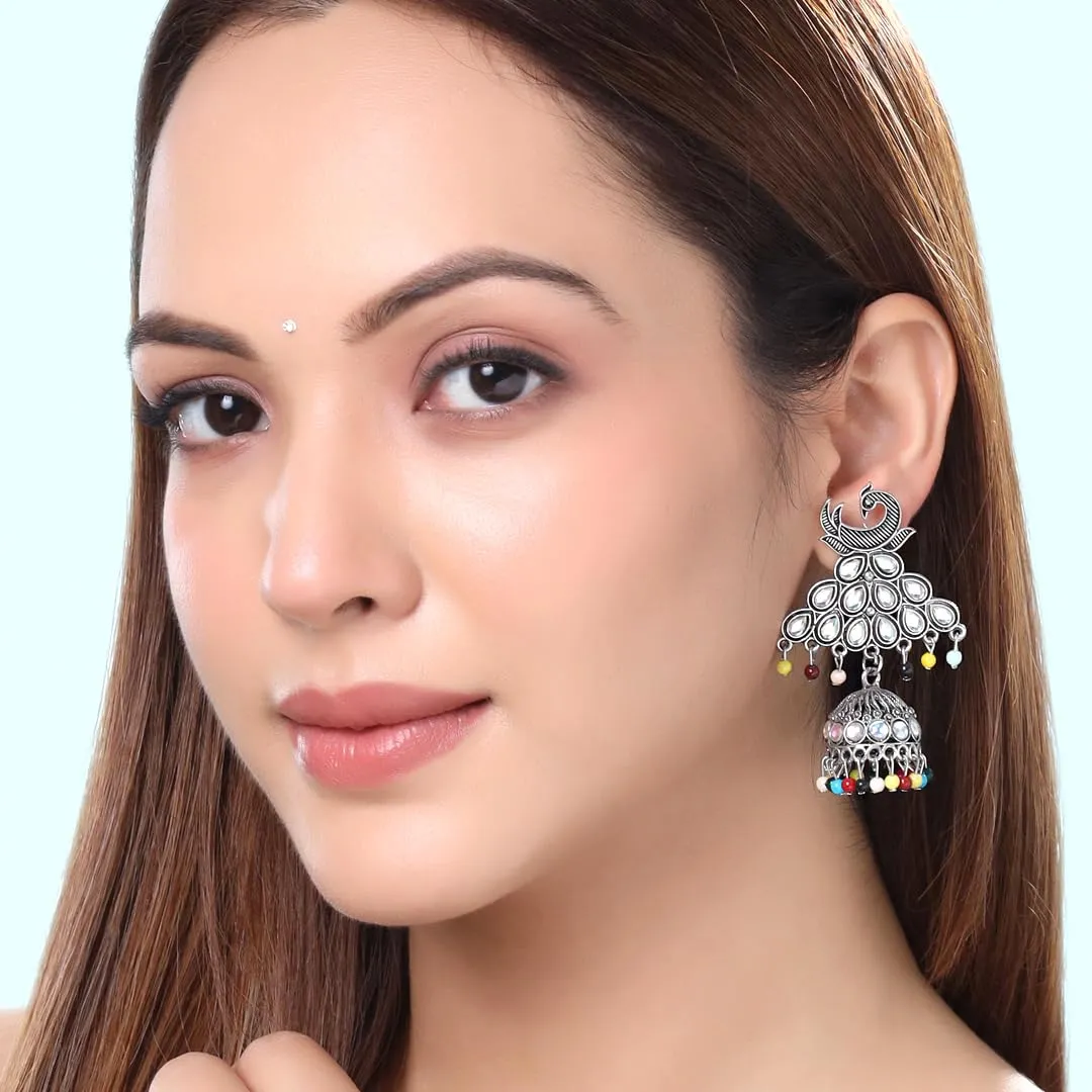 Yellow Chimes Earrings for Women and Girls Silver Oxidised Jhumka | 2 Pair combo of Kundan Studded Jhumki Earrings | Birthday Gift For girls and women Anniversary Gift for Wife