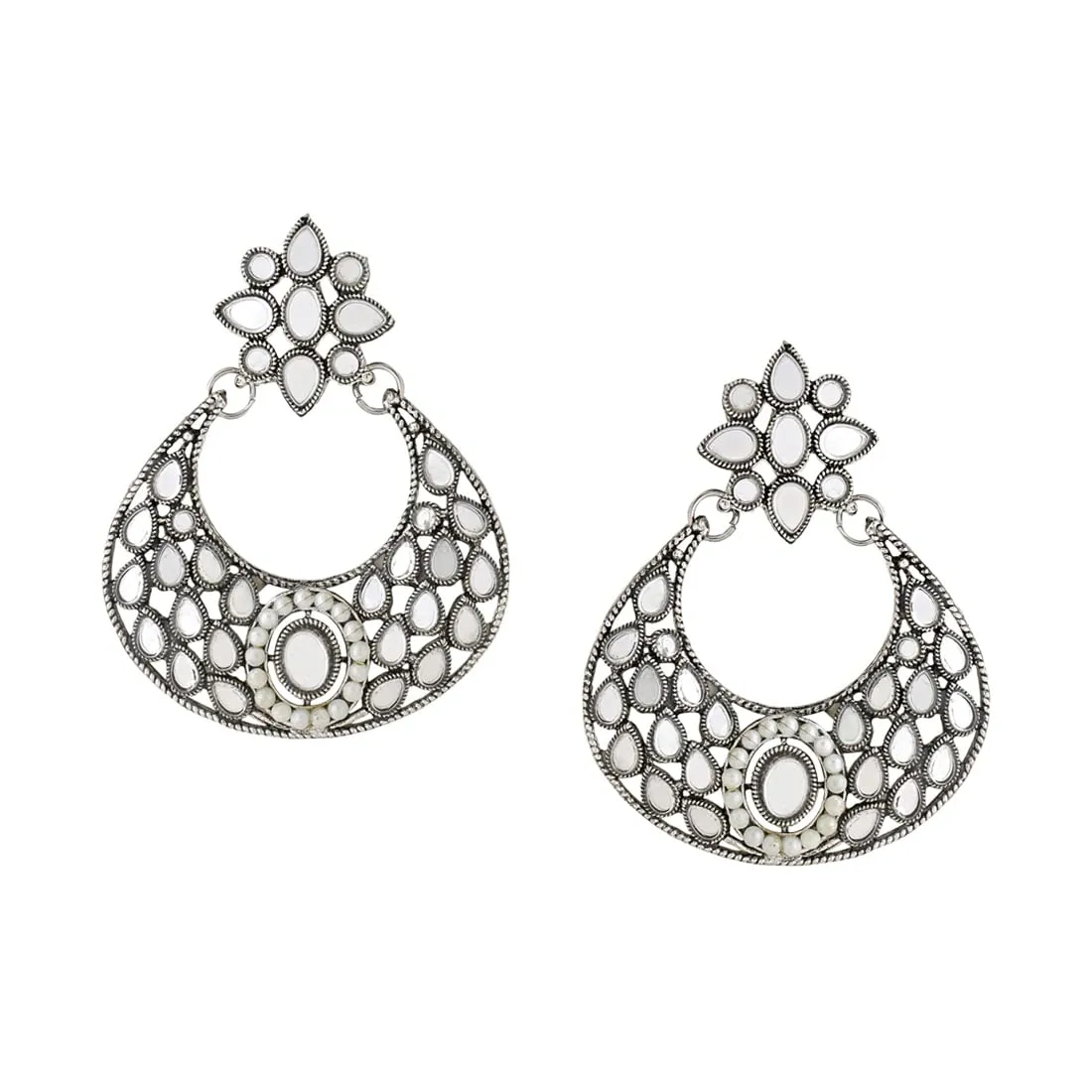 Yellow Chimes Earrings For Women Floral Designed Silver Toned Mirror Studded Chanbali Earrings For Women and Girls (Style 4)